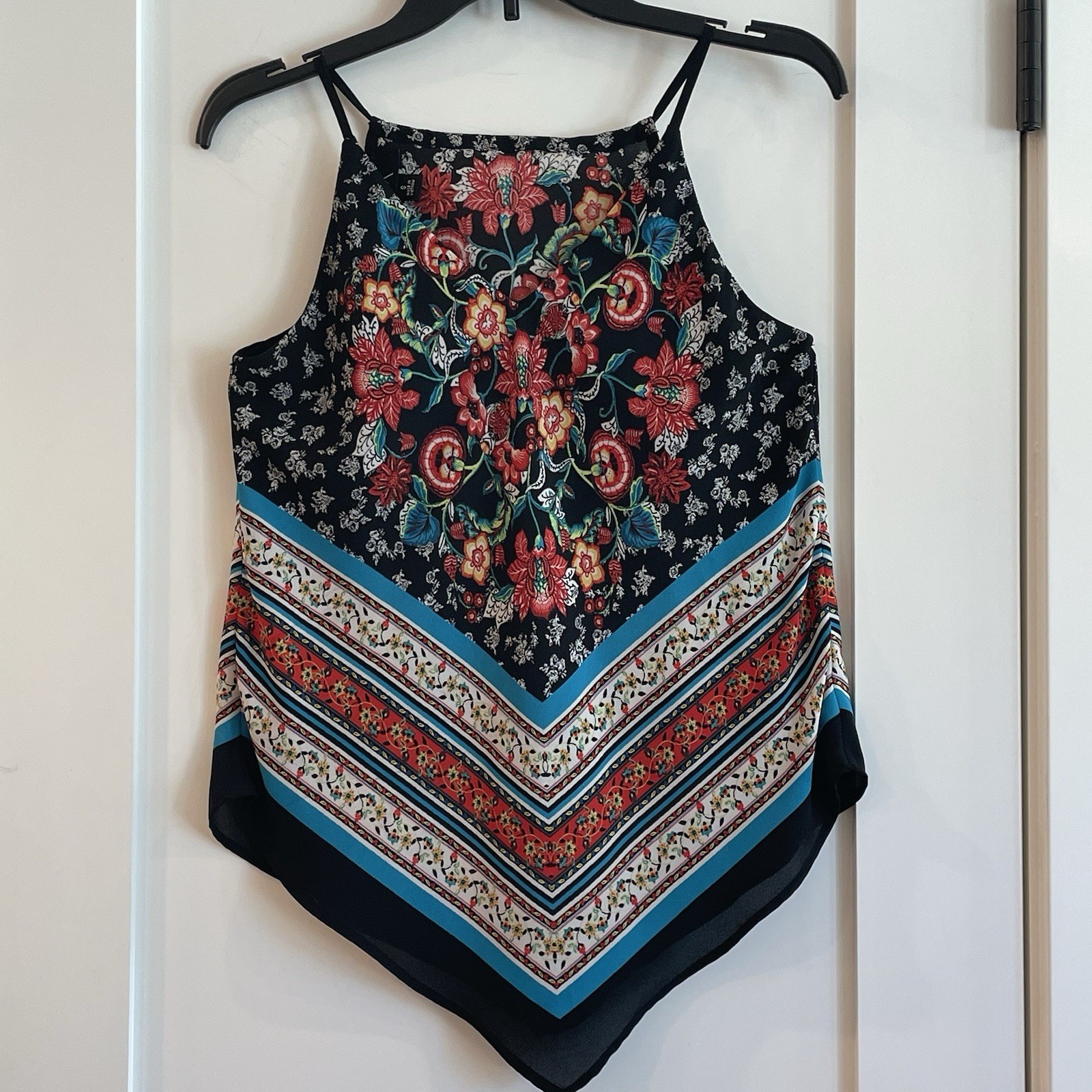 BCX Boho Cami Tank Top black floral SEMI SHEER Small Travel High Neck STrappy