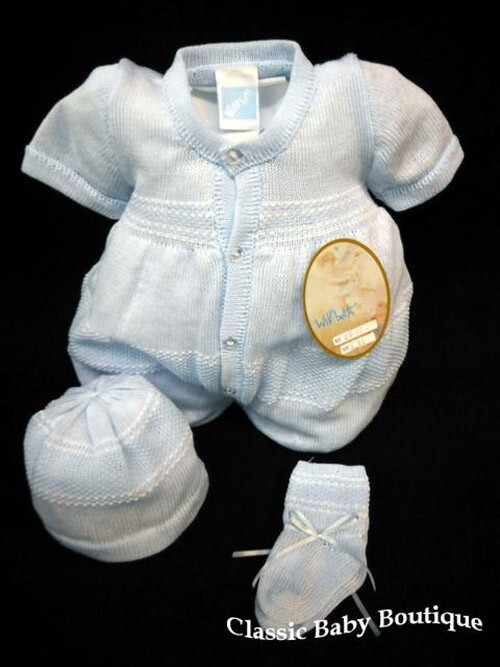 NWT Will’beth Blue Knit Button Newborn 3pc Romper Baby Boys Hat & Booties 0 M