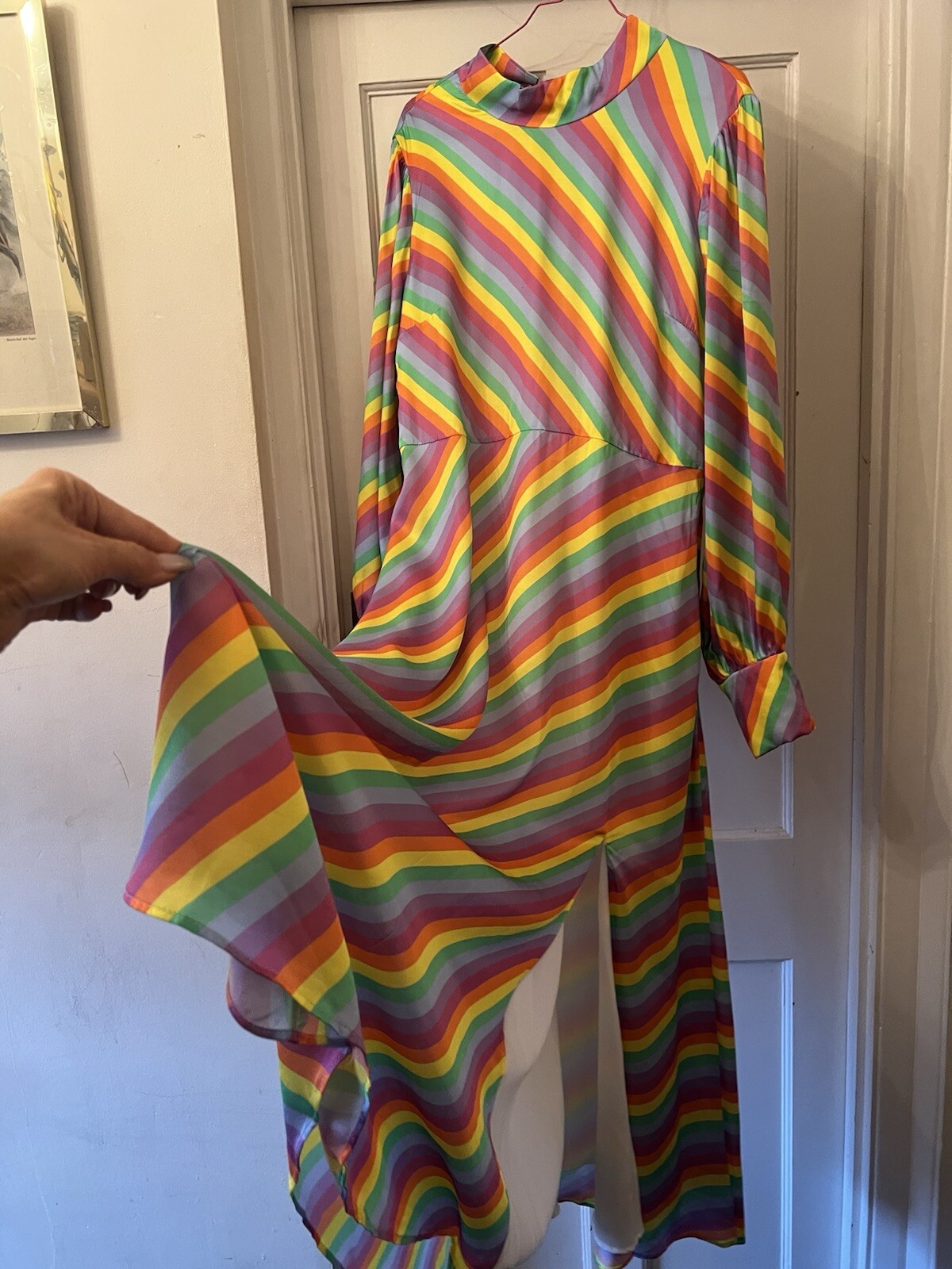 New Olivia Rubin Nessie Prism Stripe Silk Satin Print Midi Dress,UK 14