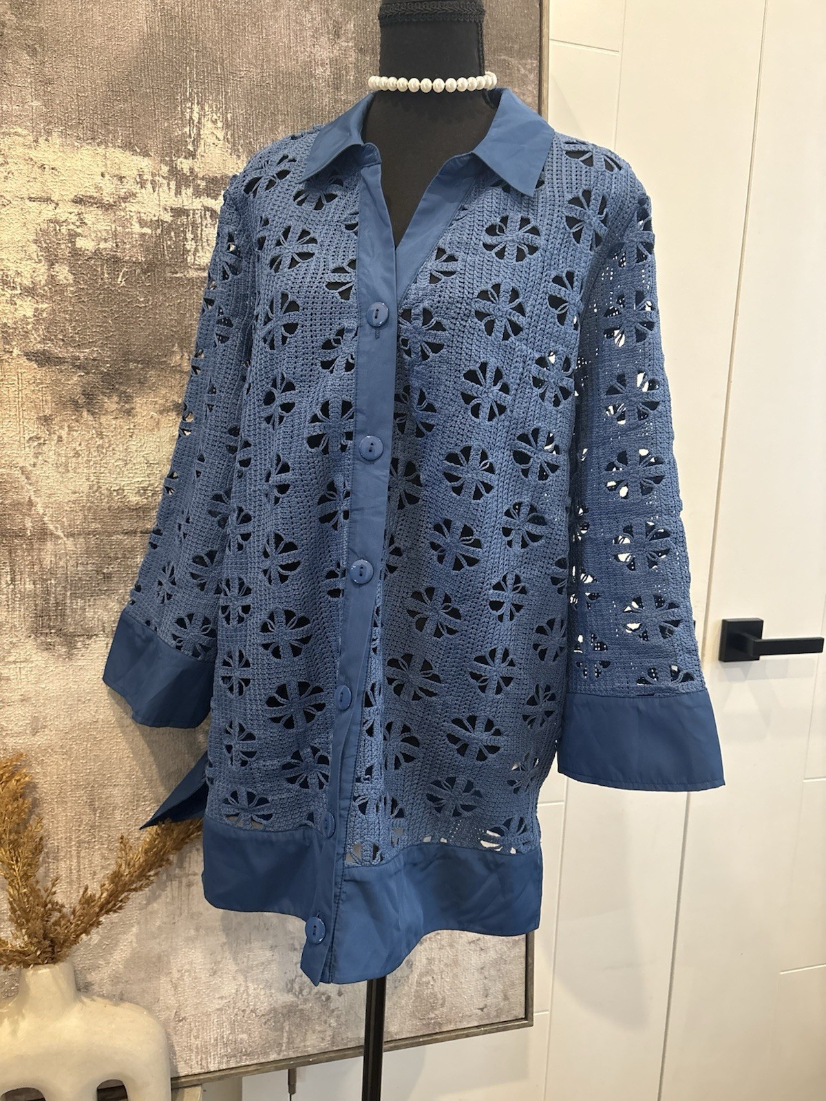 Dennis Basso Women’s Blue Eyelet Button-Front Collared Coatigan 3/4 Sleeve S