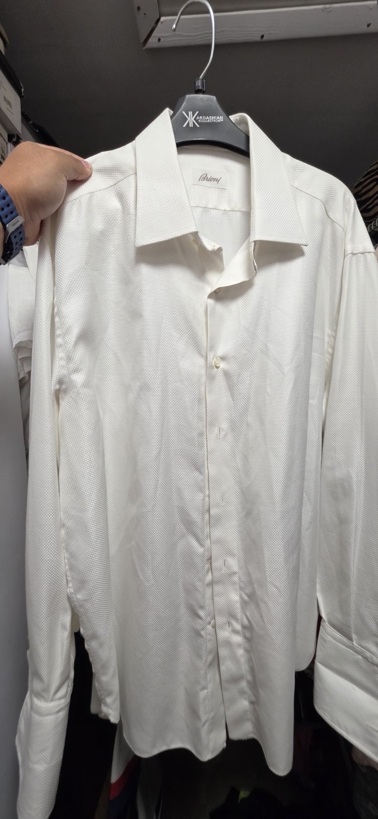 Brioni Men’s White Textured Dress Shirt Size 17 Made in Italy Luxury Cotton
