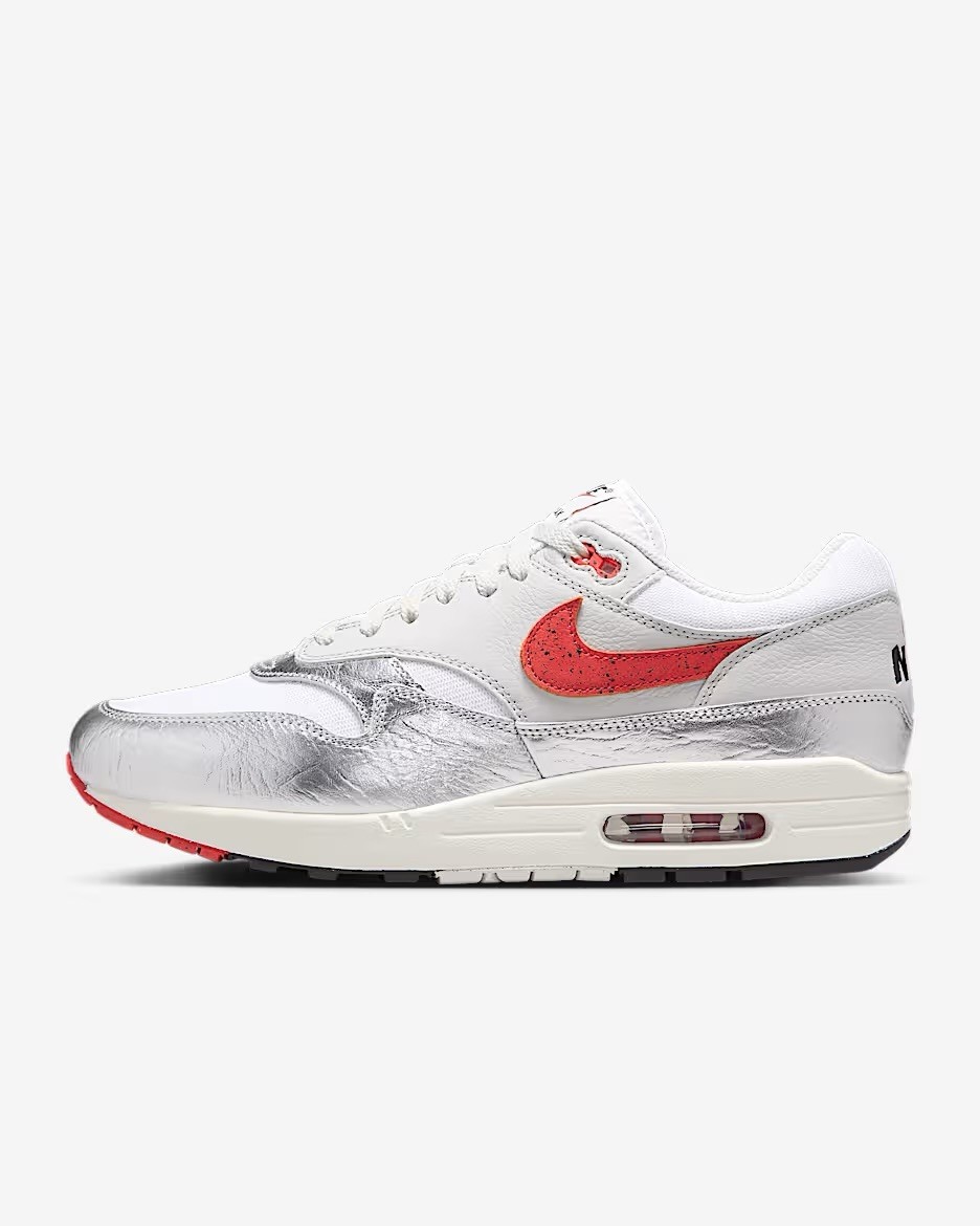 Men Nike Air Max 1 Premium Athletic Shoes White/Metallic Silver/Red HF7746-100
