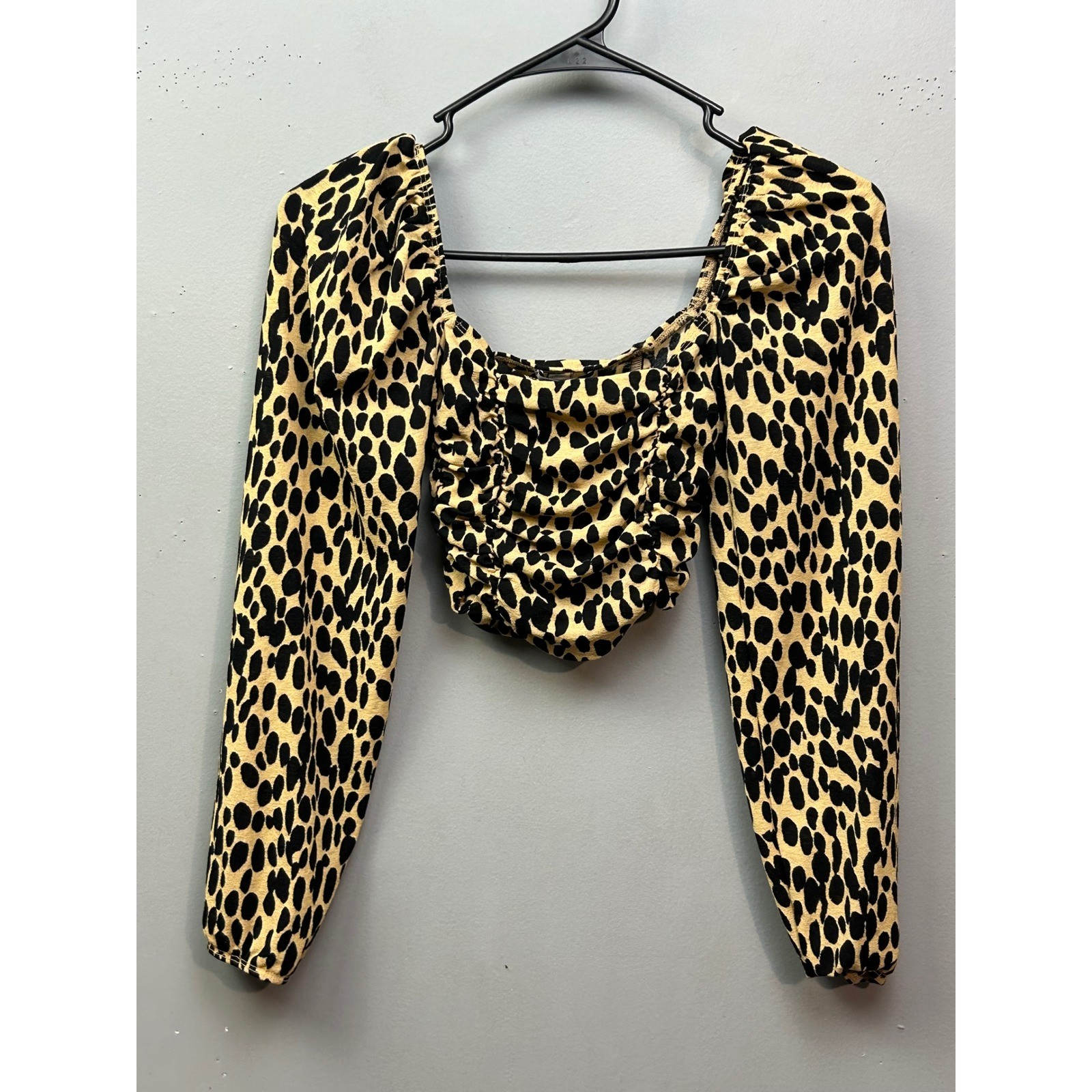 TOPSHOP Leopard Print Top Womens 2 Ruched Square Neck Long Sleeve Crop Top