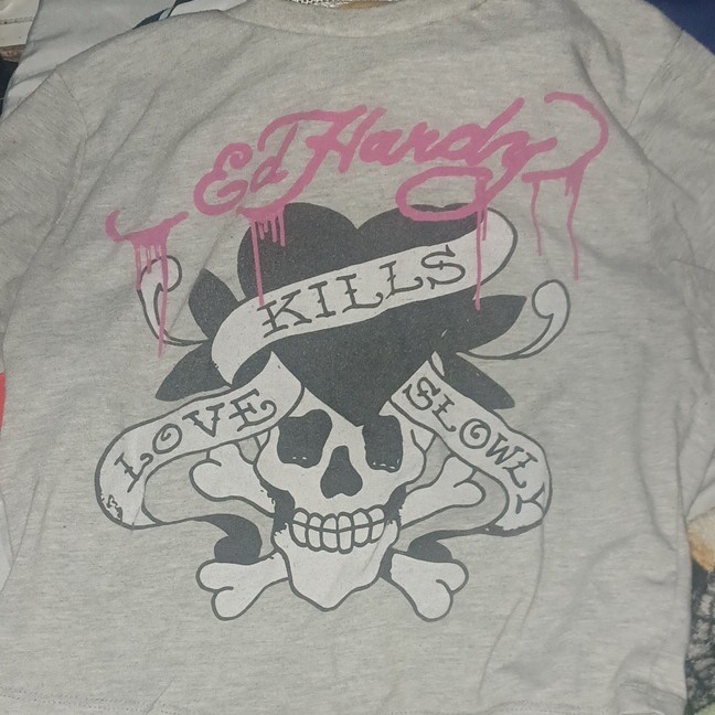 Ed Hardy Women’s Gray Graphic Print Skull T-Shirt, Size M Regular, Logo Accent