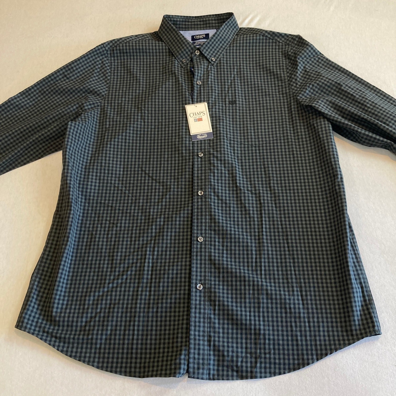 NEW Chaps Mens 2XL Graphite Gingham Stretch Easy Care Button Down Shirt NWT