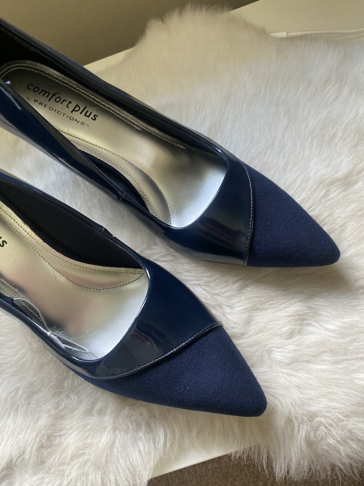 comfort plus by Predictions Heels 10 W Navy Pointed-Toe Patent & Suede Pumps