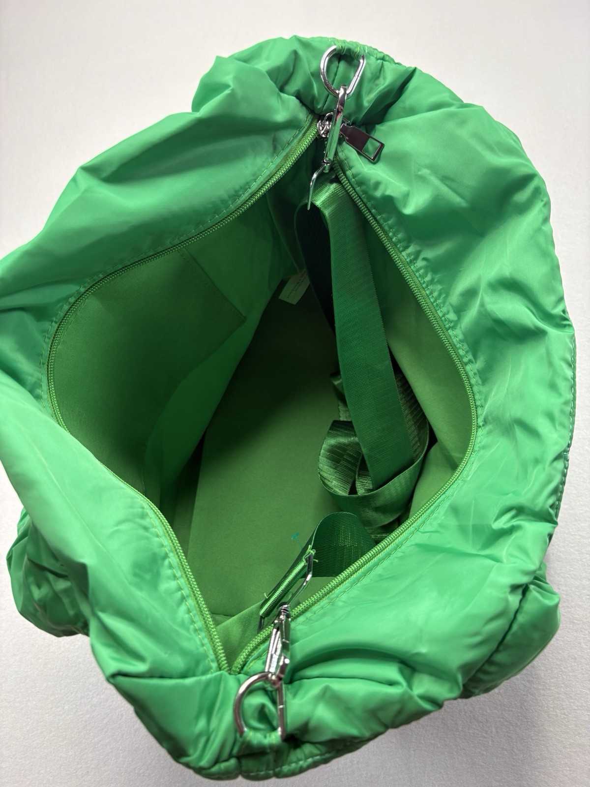 Green Quilted Puffer Shoulder Bag, Top Handle, Zip Closure, Detachable Strap