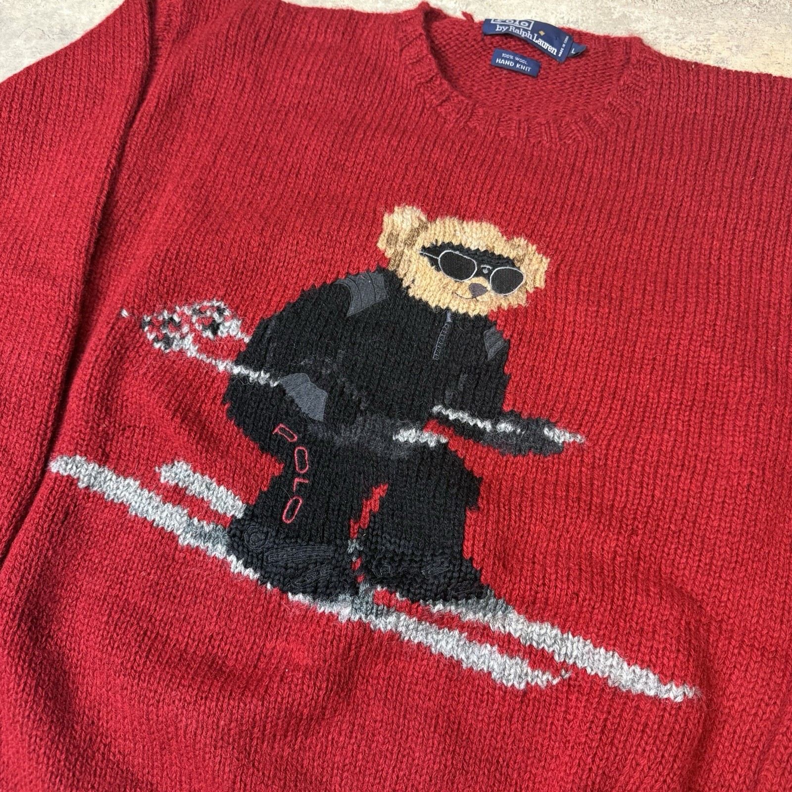 Vintage Polo Ralph Lauren Ski Bear Red Wool Sweater Size Xl fits true to size