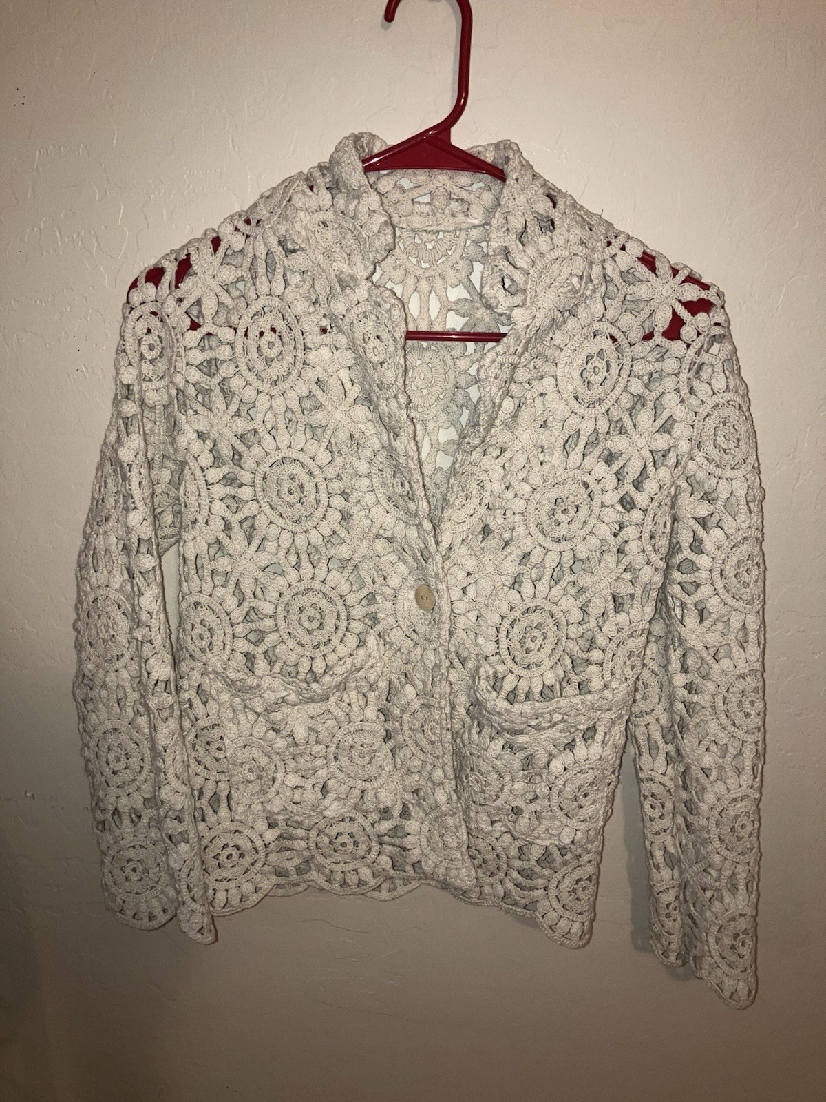Women’s Homemade – Crocheted Jacket White 17 “ pit to Pit, 23” length Exc. Cond.