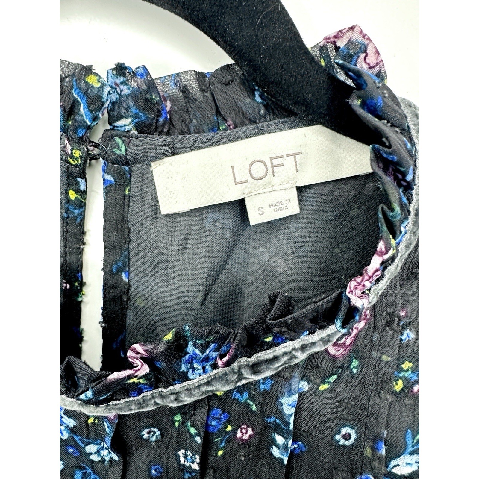 LOFT Floral Clip Dot Blouse Small Black Ruffle Neck Long Sleeve Sheer Cottage