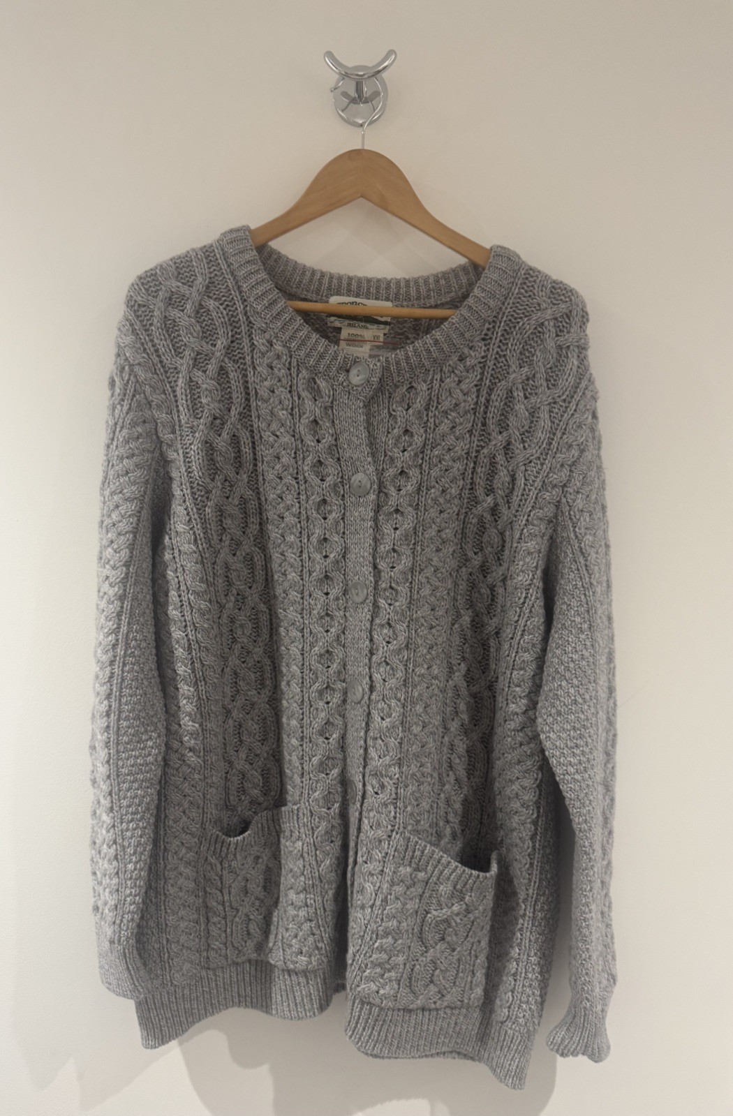 Aran Crafts 100% Merino Wool Cable Knit Cardigan Buttons Grey Size XXL NEW