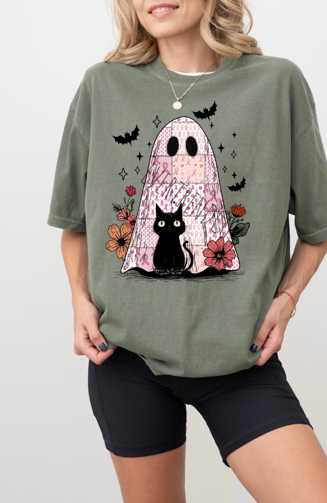 Comfort Colors® Breast Cancer Awareness Ghost Cat Halloween Shirt S-2XL