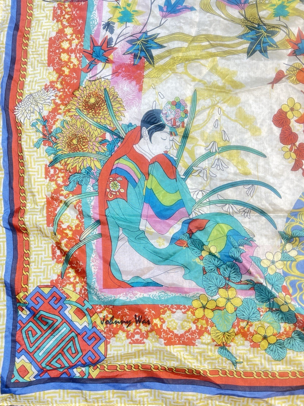 Beautiful Johnny Was Square Silk 43” Scarf Or Wrap Tassels Geisha Asian Oriental