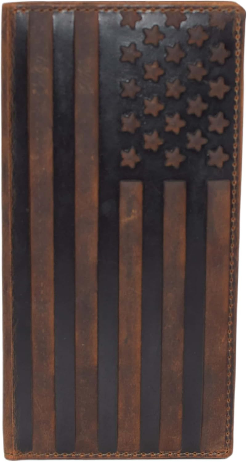 Leather Checkbook Cover Wallet Holder RFID Blocking USA Flag Brown