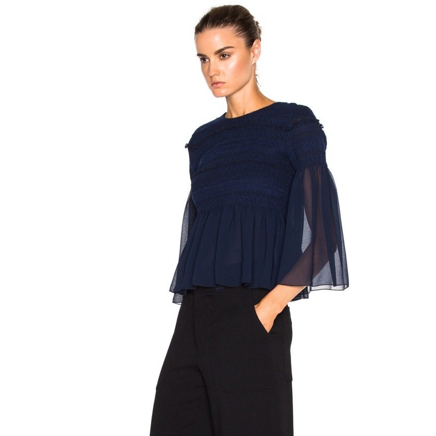 See By Chloe Dark Navy Peasant Top Sheer Sleeves Smocked Bodice Boho Sz 4