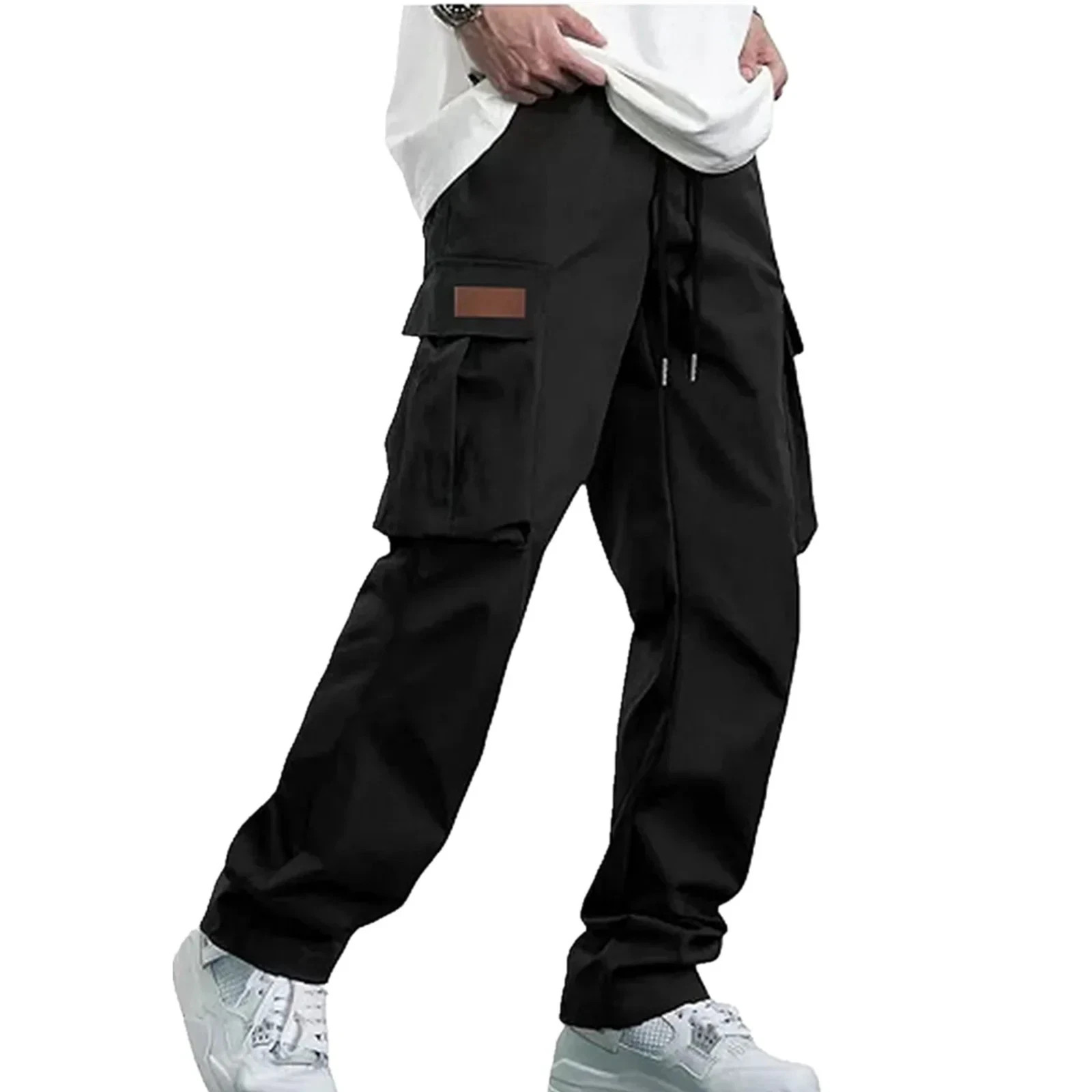 Mens Cargo Jogger Pants Drawstring Loose Fit Multi Pocket Casual Trousers