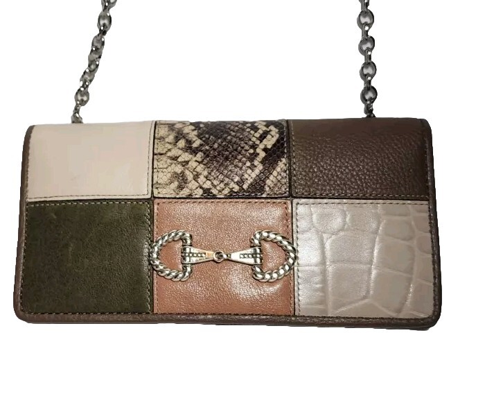 BRIGHTON OFF THE GRID ROCKMORE HORSE BIT EMBLEM PATCHWORK CROSSBODY WALLET NWD