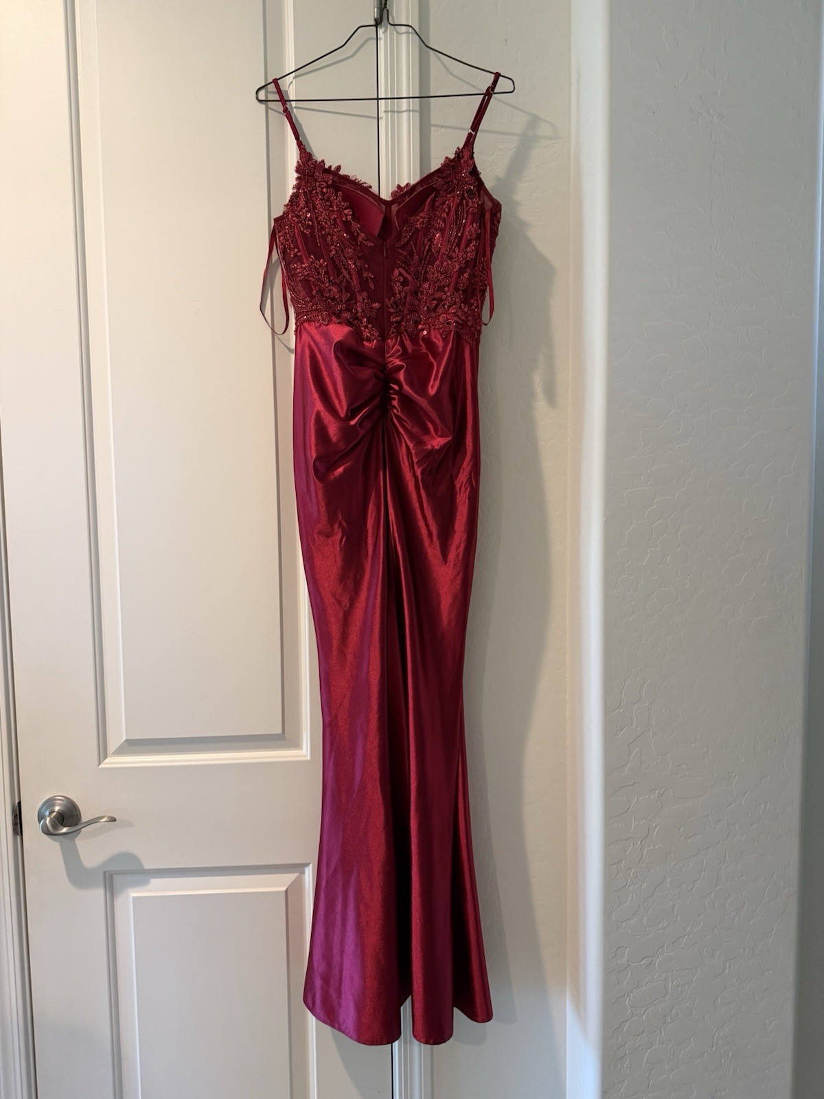 Ladivine by Cinderella Divine Red Satin Sequin Embroidered Mesh Formal Gown XS