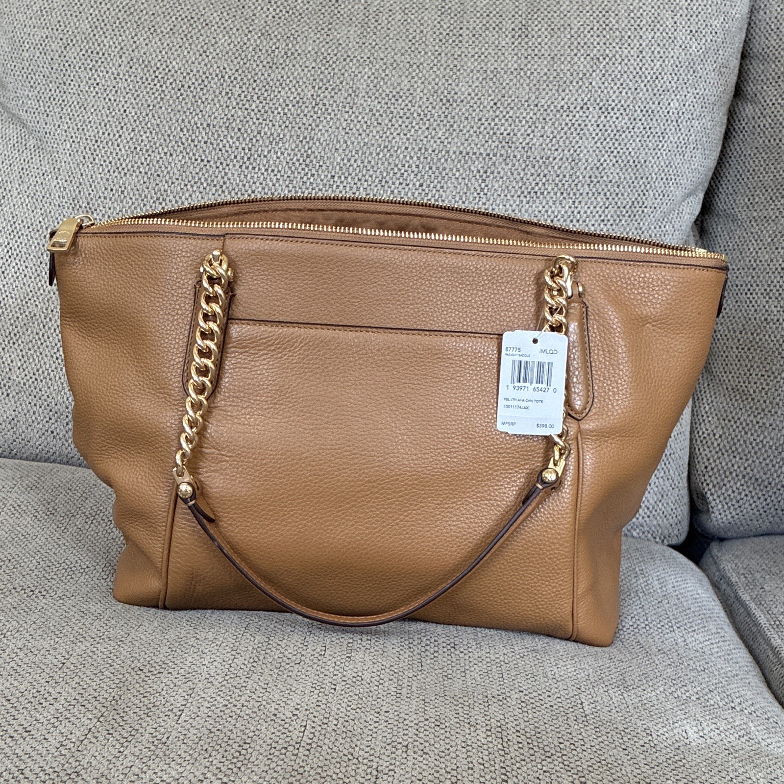 Coach Women’s Pebbled Brown Tote Gold Hardware Zip Top Chain Shoulder Strap