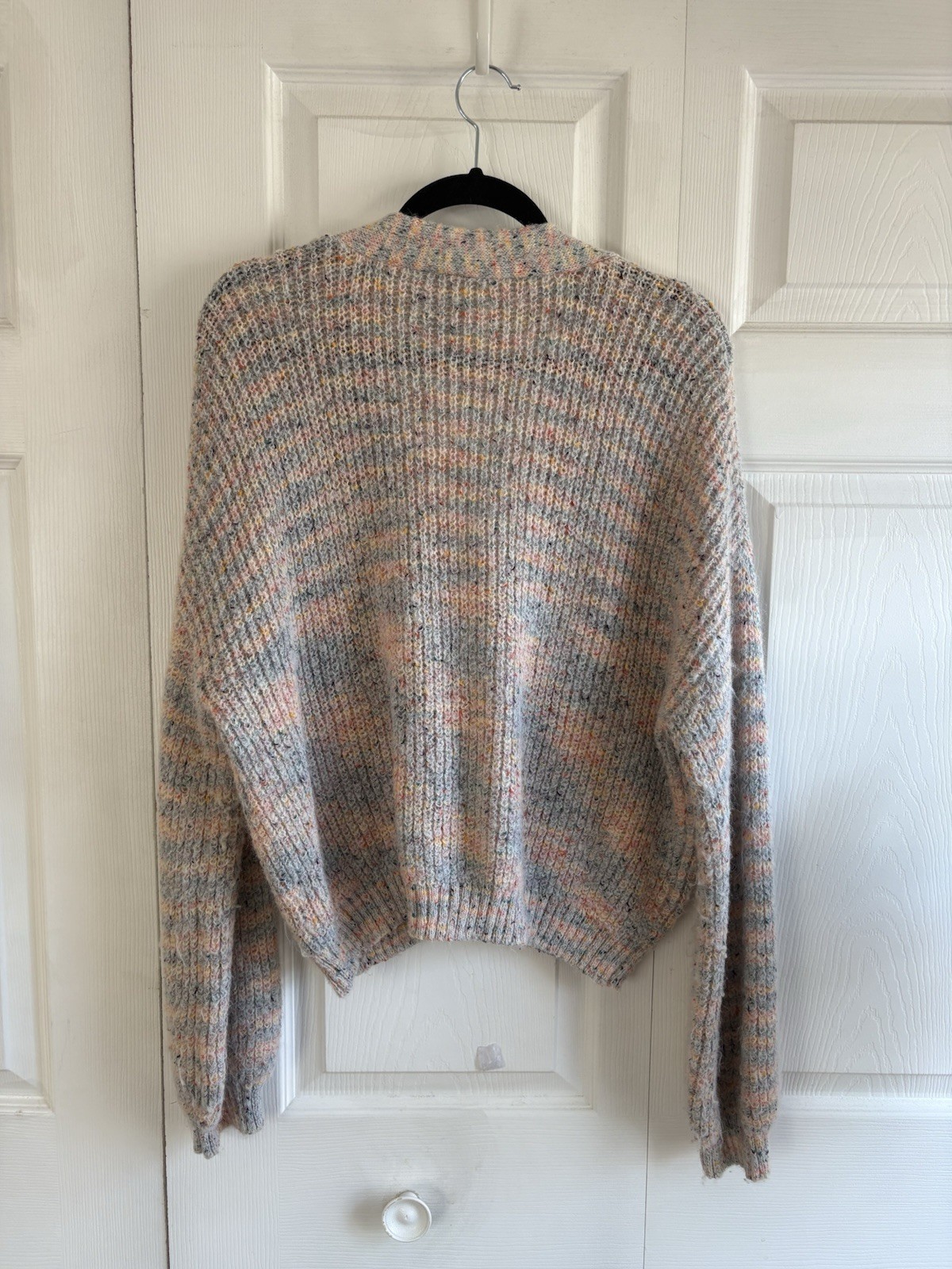 BB Dakota Ivory Pink Blue V-Neck Chunky Knit Ribbed Cardigan Academia Teacher M