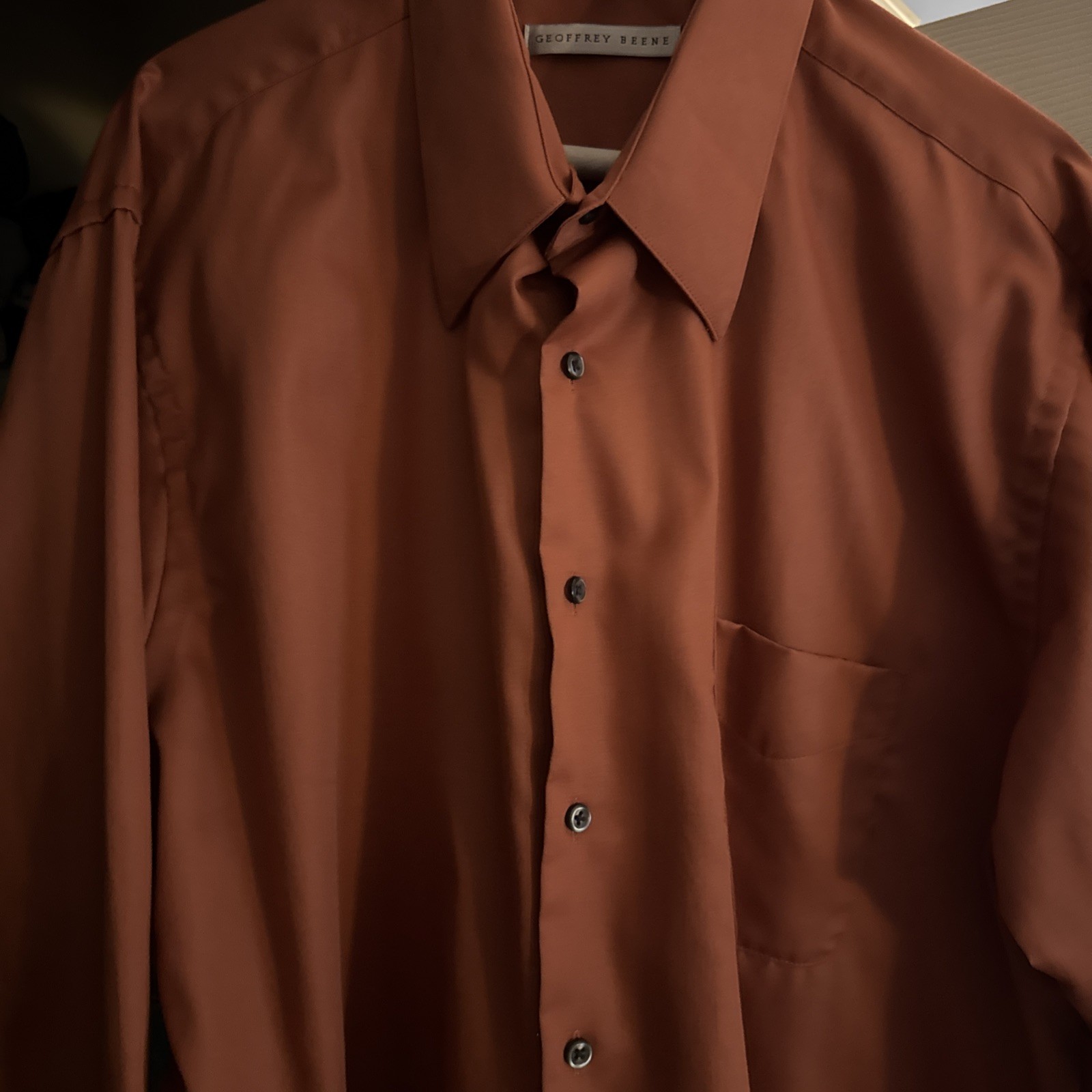 Geoffrey Beene Fitted No Iron Button Down Dress Shirt Mens 17 1/2 34/35 Orange