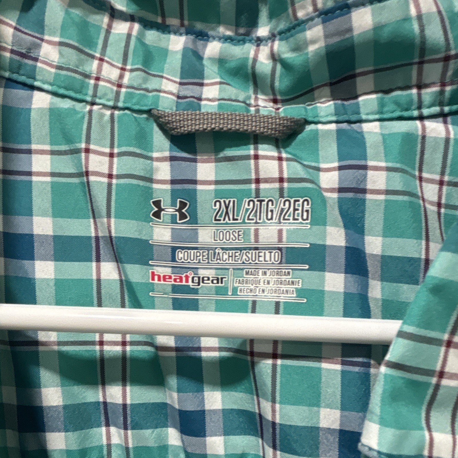 Under Armour HeatGear Mens 2XL Loose Green Blue White Plaid SS Button-Up