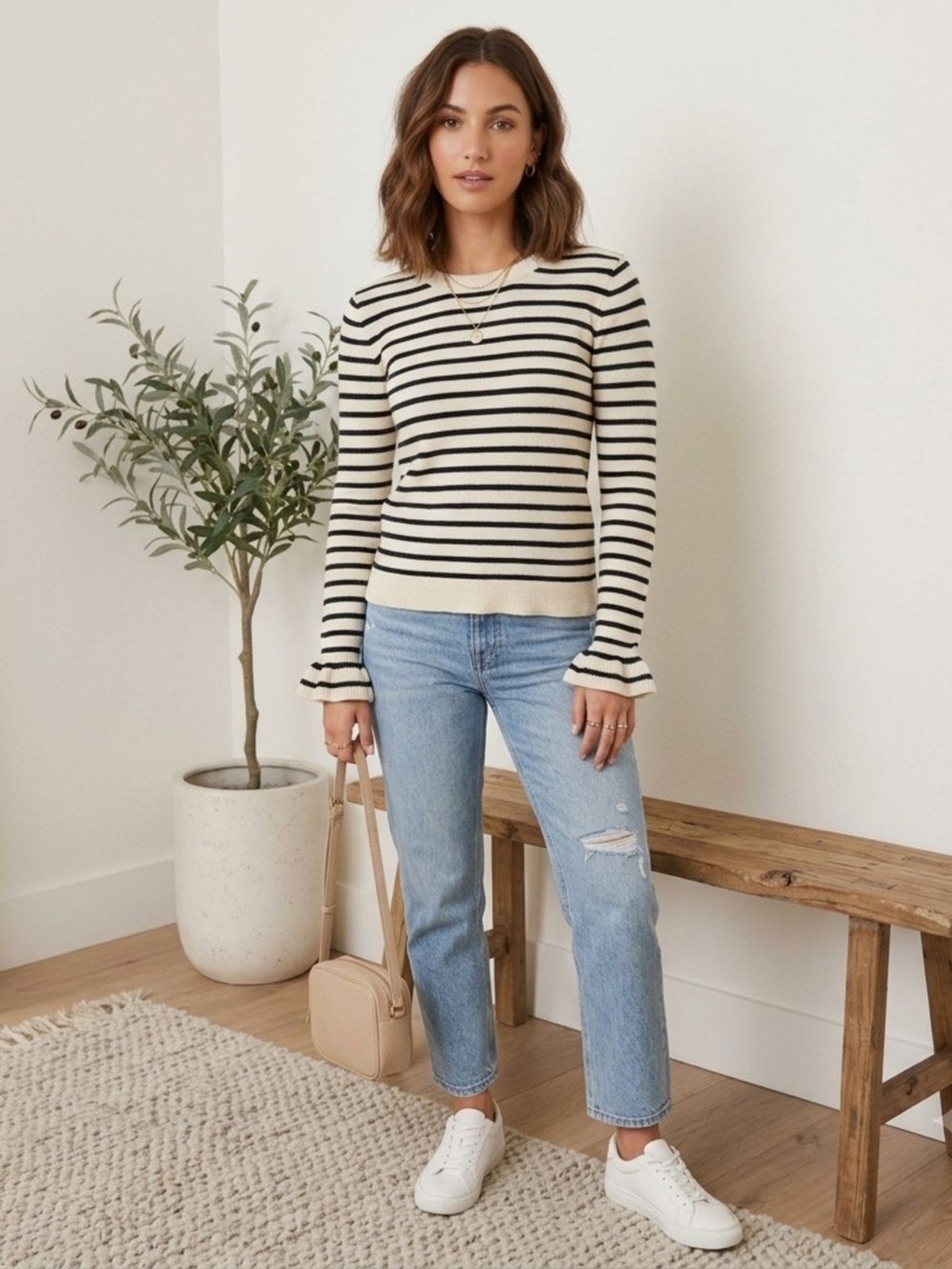 J.Crew Striped Cream and Black Ruffle Cuff Cotton Wool Knit Pullover Sweater XS