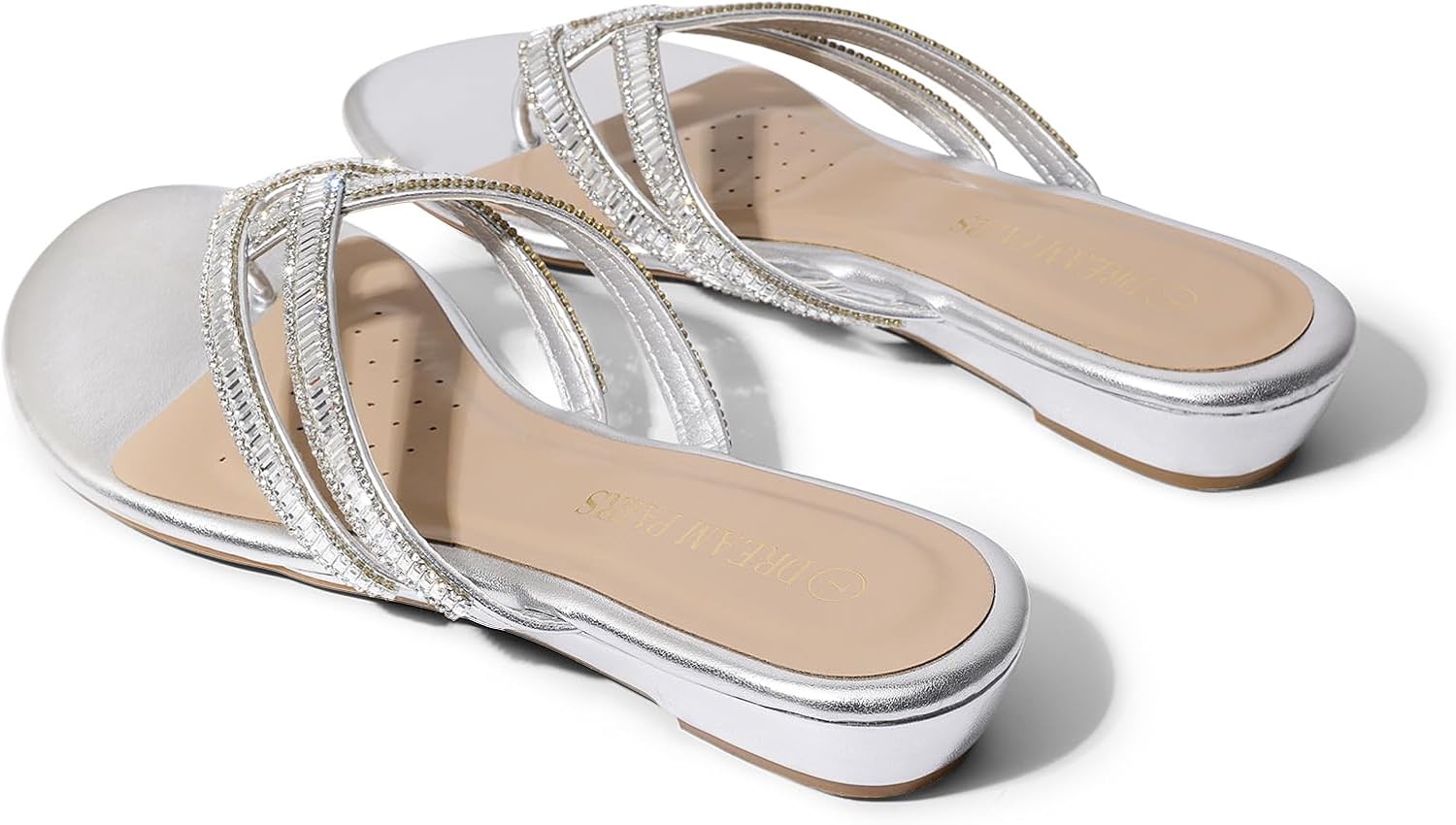 Women’S Rhinestones Flat Slides Sandals | Flip Flop Slip on Slides T-Strap Spark