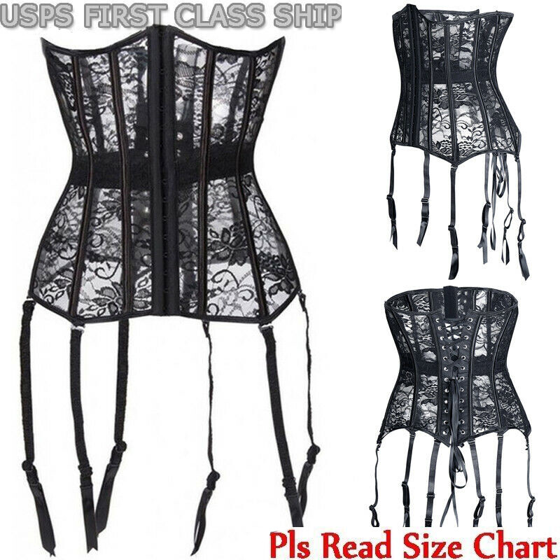 Sexy Black Bustier Overbust Corset Top Waist Training Lace Up Steampunk Lingerie