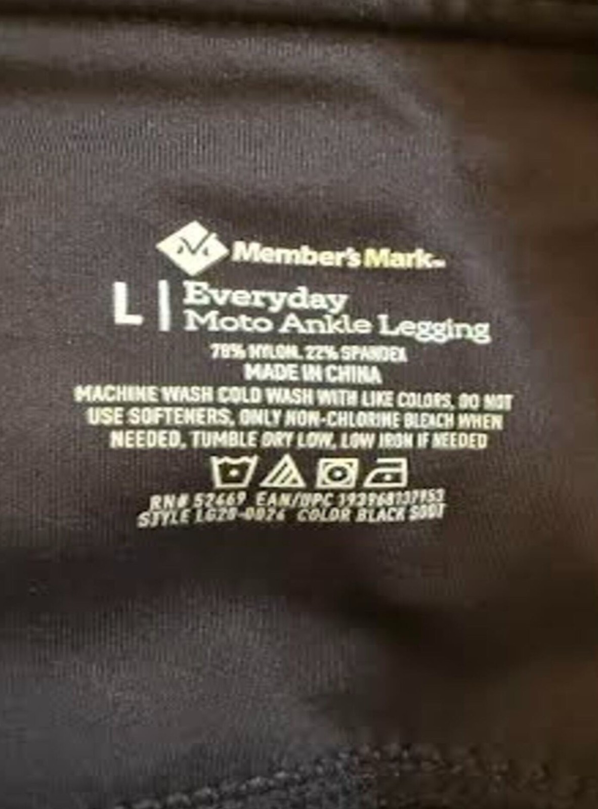 NWT MEMBER’S MARK Women’s High-Rise Everyday Black Moto Ankle Legging, Size L