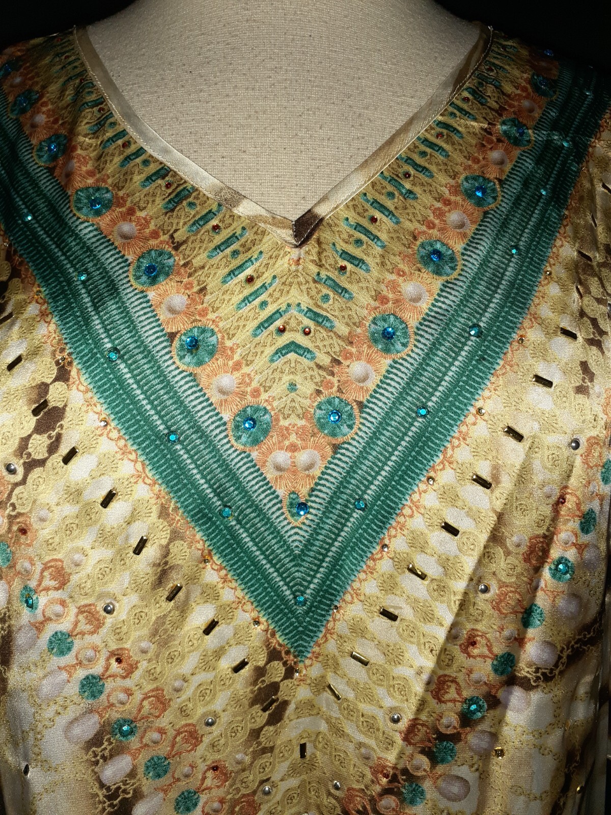CHICO’S Size 2 12 14 L Blouse Shirt Top Brown Turquoise Sparkles Short Sleeve