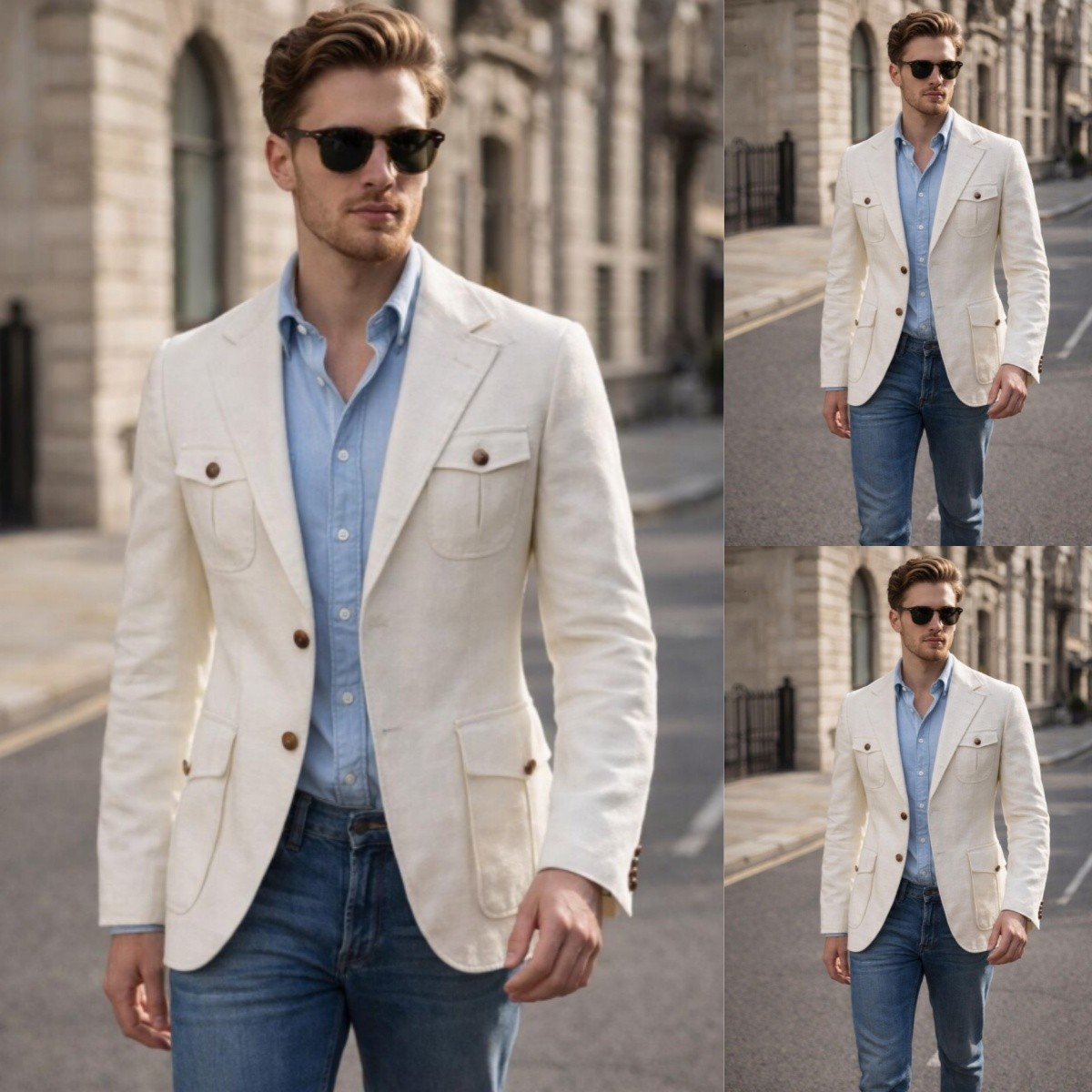 Men’s Safari Jacket Casual Notch Lapel Ivory Blazer Leisure Hunting Jacket Coat