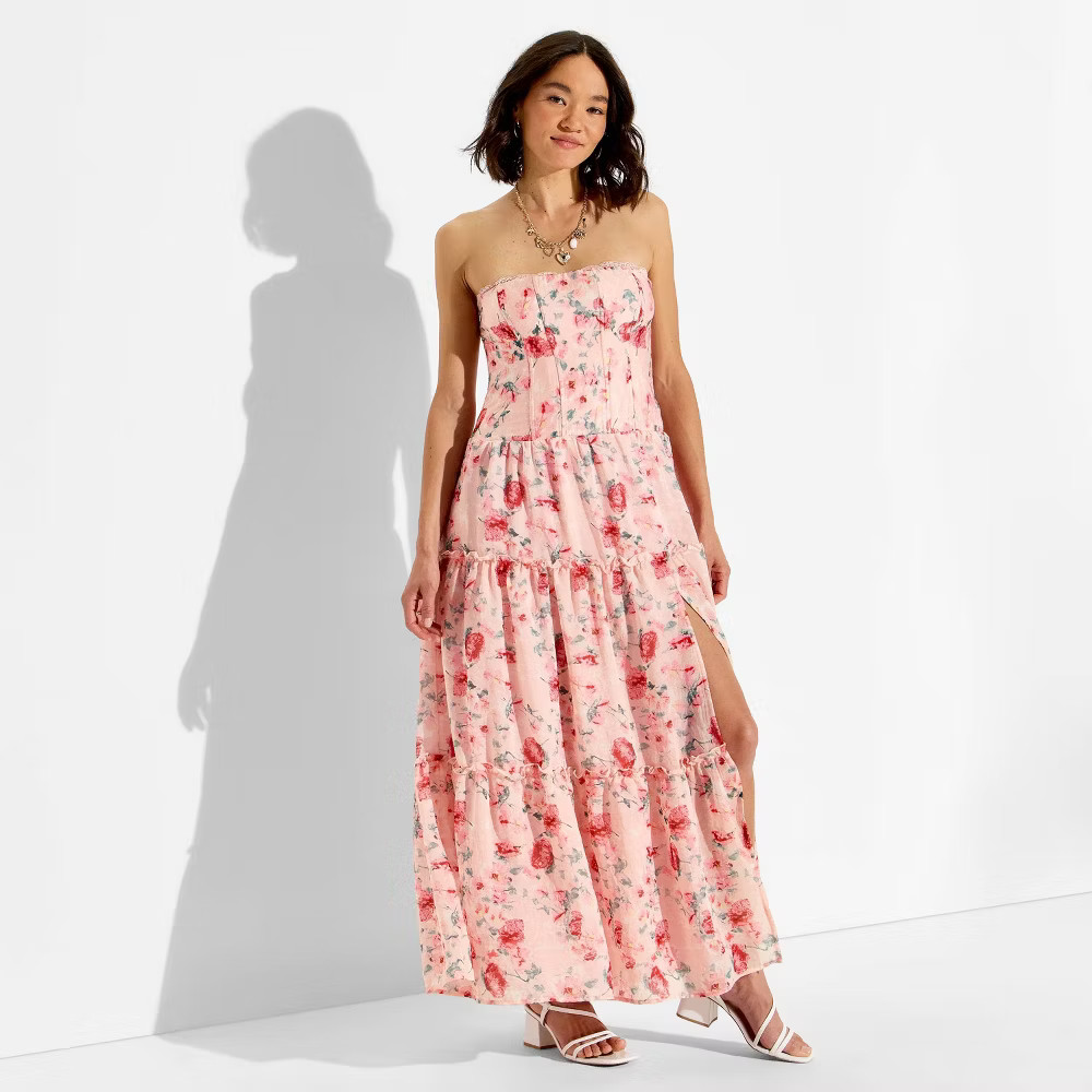Women Strapless Tiered Corest Maxi Dress – Wild Fable Pink Floral M