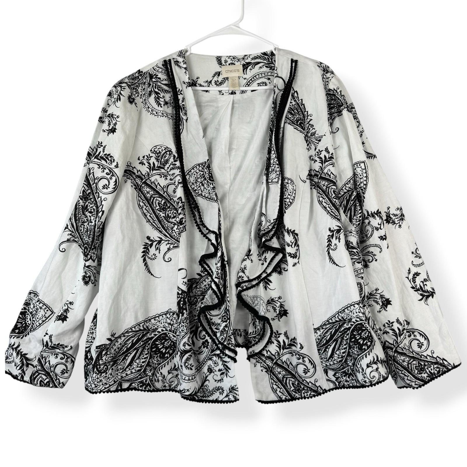 Chicos Size 3P Linen Blend Open Front Blazer White Black Paisley Womens XLP