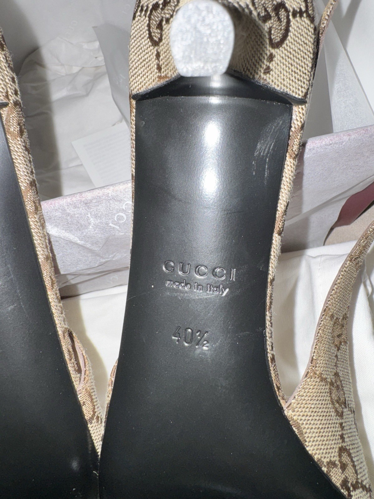 Gucci GG Monogram Horsebit Slingback Pointed Toe Leather Heels US 10.5