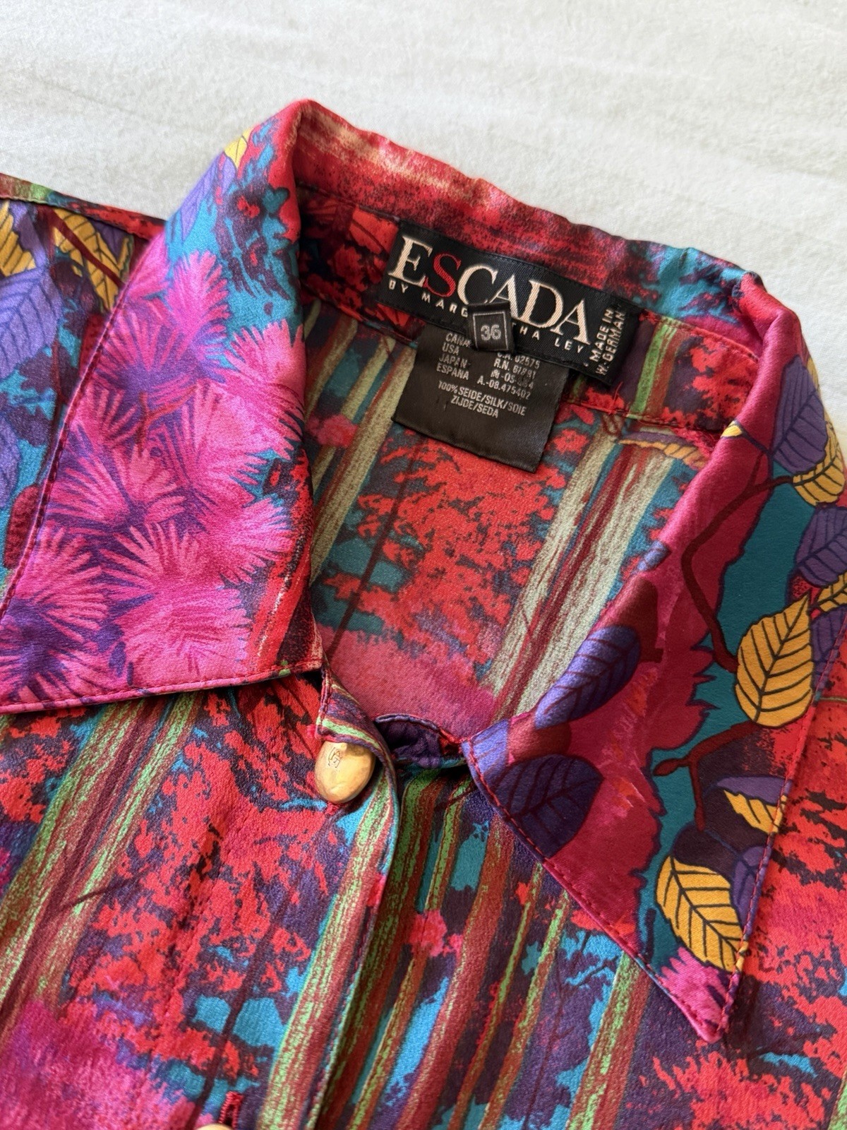 Vintage Escada Silk Blouse Button Up Neon Animal Forest Print Maximalism 36 S/M