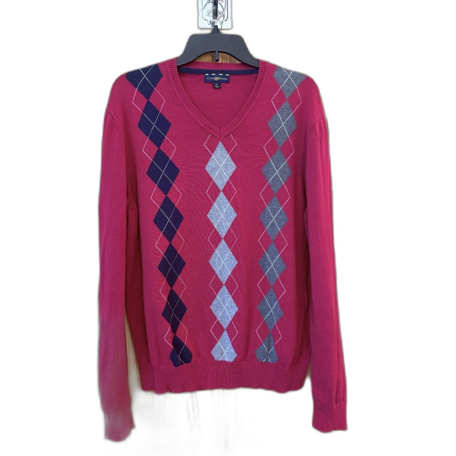 Club Room Men’s XL Red Argyle V Neck Sweater Preppy Grandpa Academia