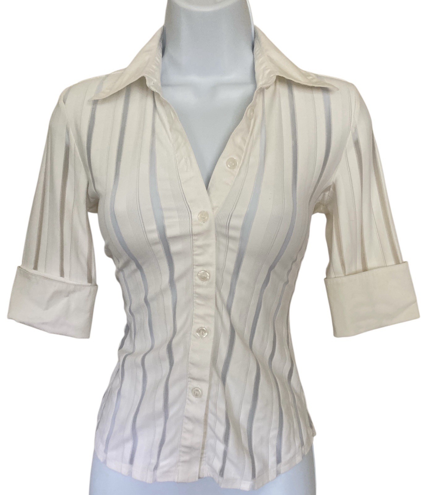 Vintage 90s Y2k White Mesh Office Fitted Button Down 3/4 Sleeve Collared Shirt