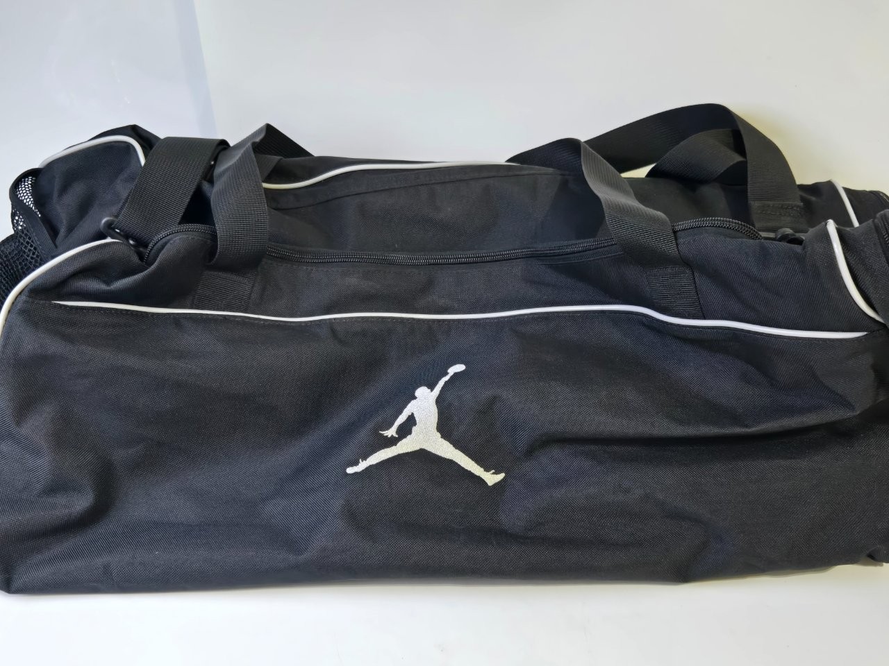 Jordan Duffle Bag Canvas Nylon Black White Logo Print Top Handle Zip Top