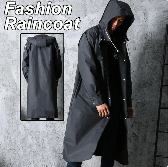 Men Waterproof Long Raincoat Black Hooded Trench Jacket Outdoor Hiking Rain Coat