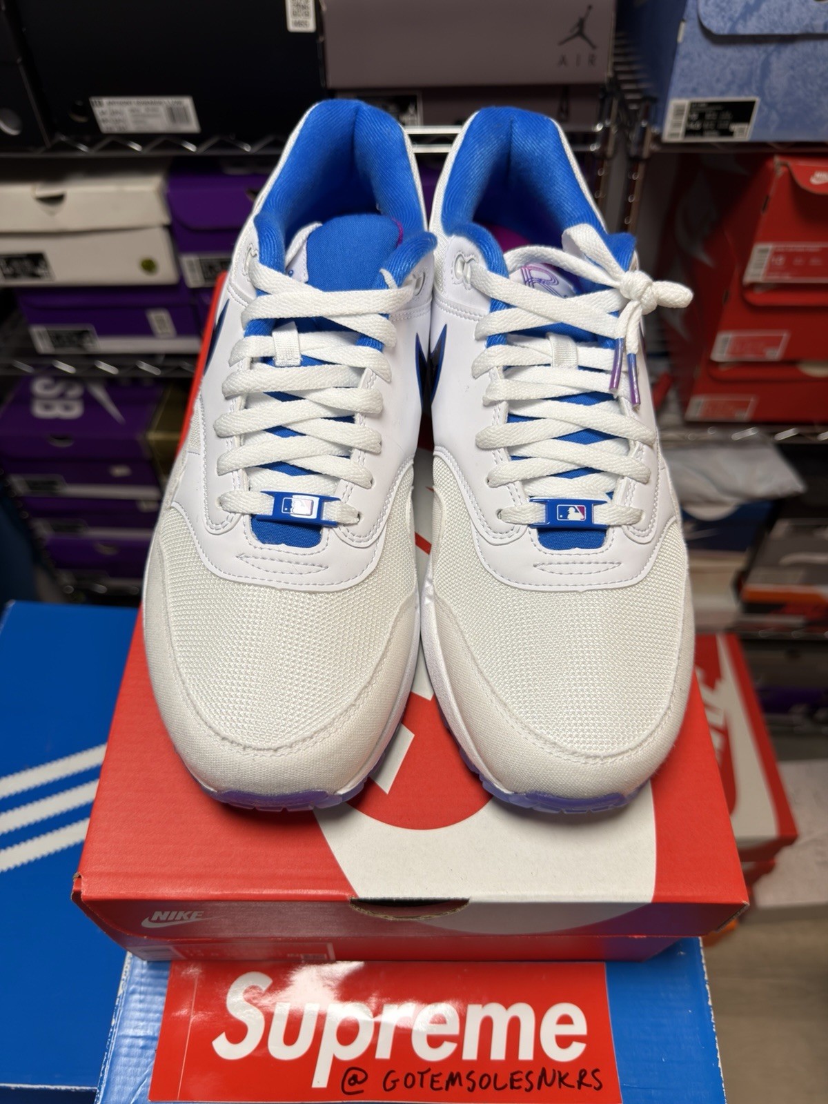 Nike Air Max 1 KC ROYALS IQ2916-100 MLB WHITE VIVID GRAPE SOAR MENS SIZE 14 NEW