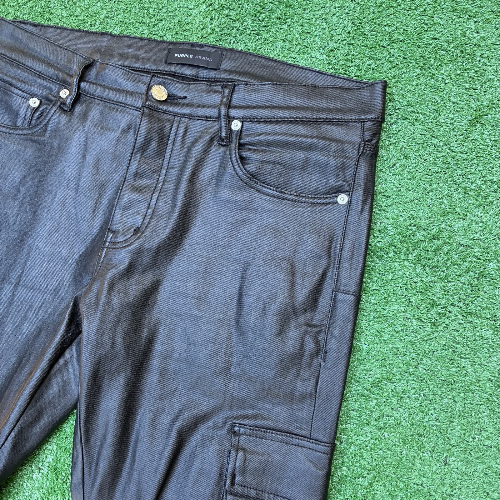 Purple Brand P004 Wax Coated Designer Cargo Jeans Button Fly Sz 33×32