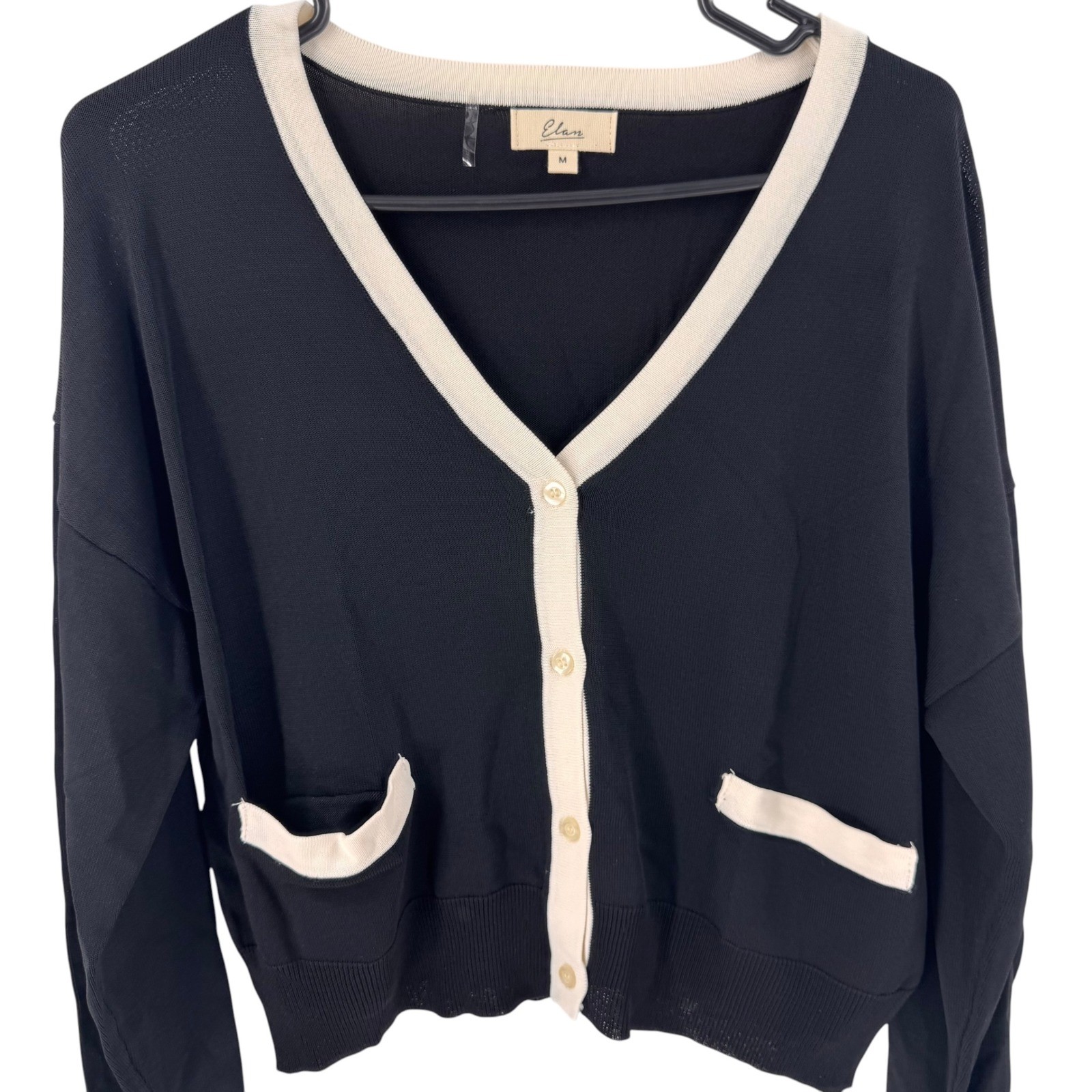 Elan Womens Black Ivory Contrast Trim V-Neck Button Cardigan Sweater Medium