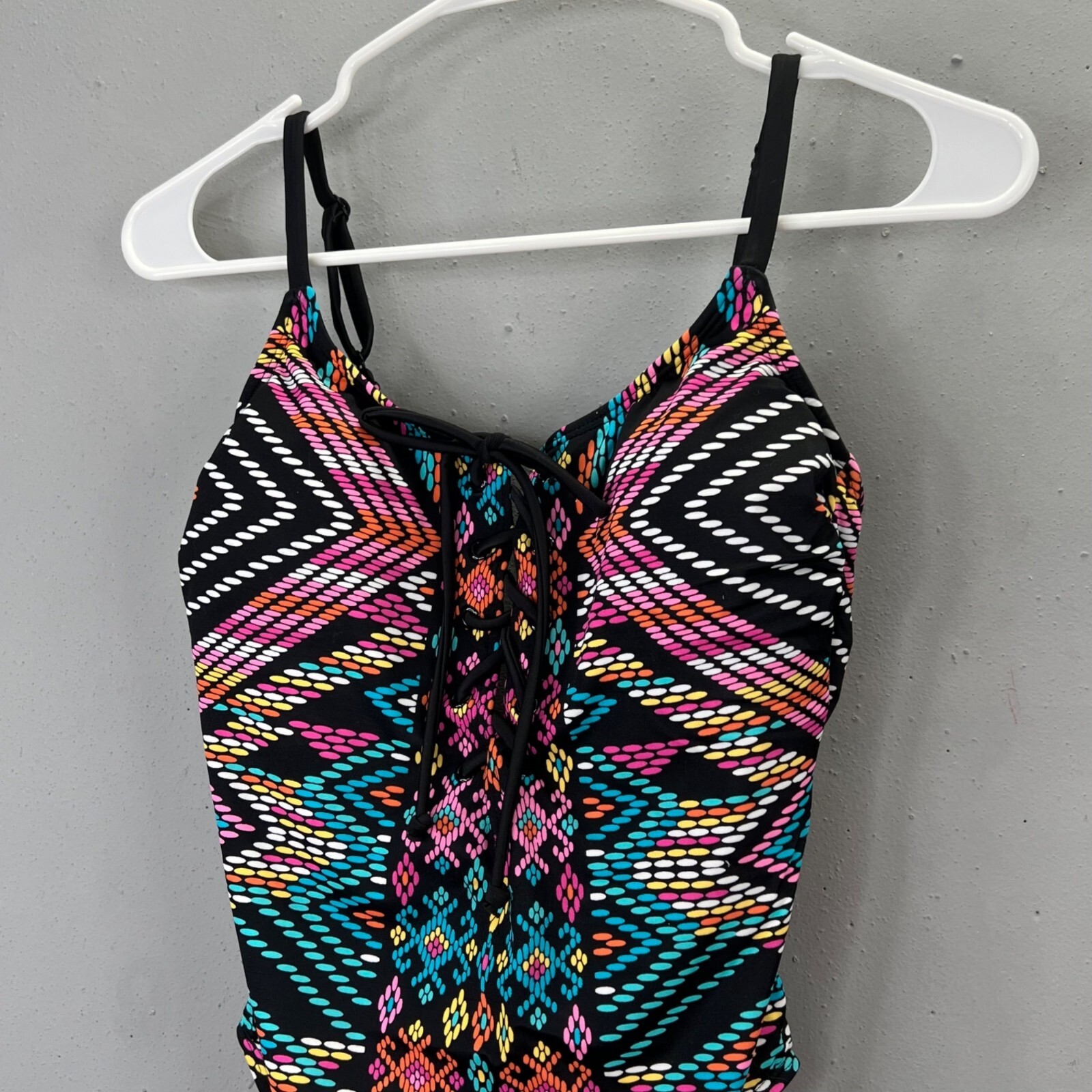 Beach Betty Miracle Brands Swimsuit size S One Piece Black Mosaic Lace Up NWT
