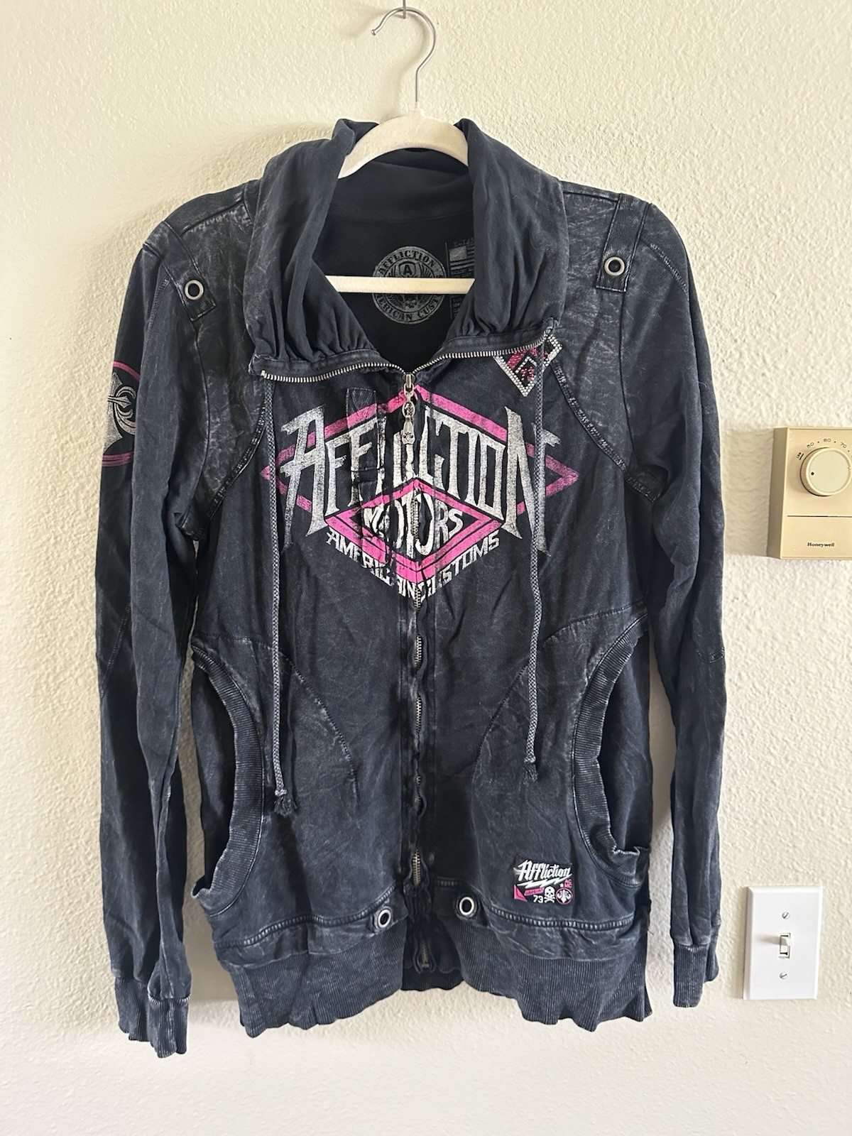 Affliction Women’s Full Zip Hoodie XL Black Distressed Grunge Comfort Jacket