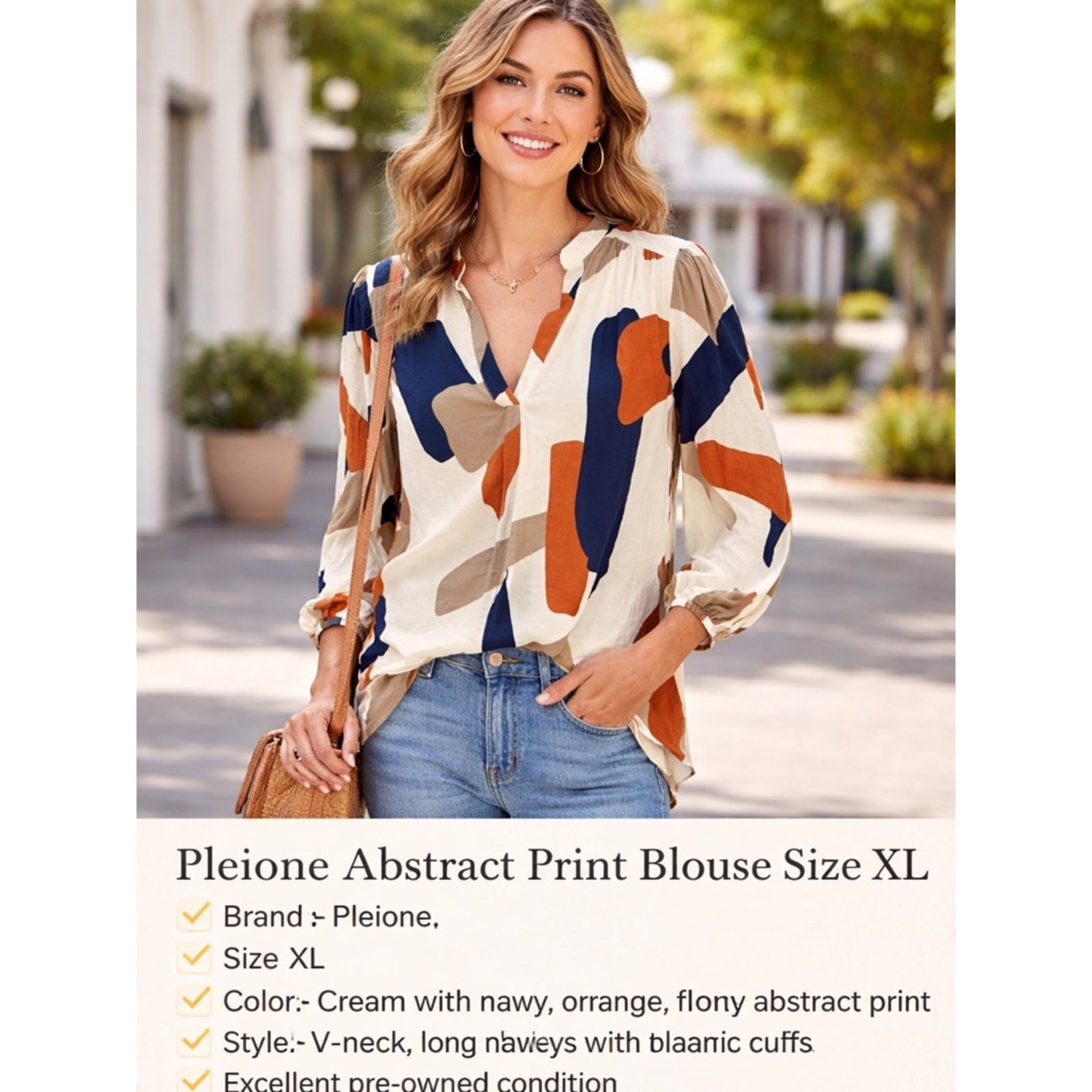 Pleione Abstract Print Blouse Size XL | Boho Chic Lightweight Top Neutral Casual
