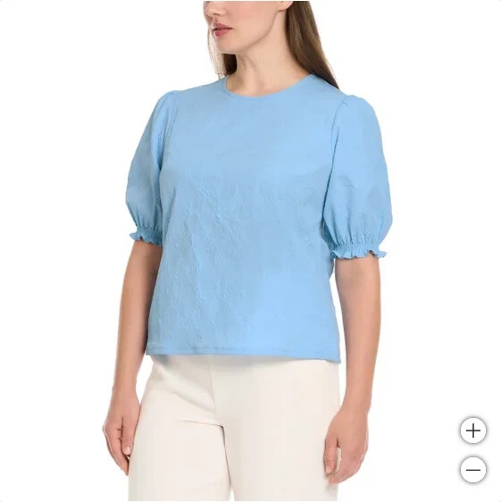 Ted Baker Women’s Crewneck Elastic Smocked Short Sleeves Blouse, Blue, Size S