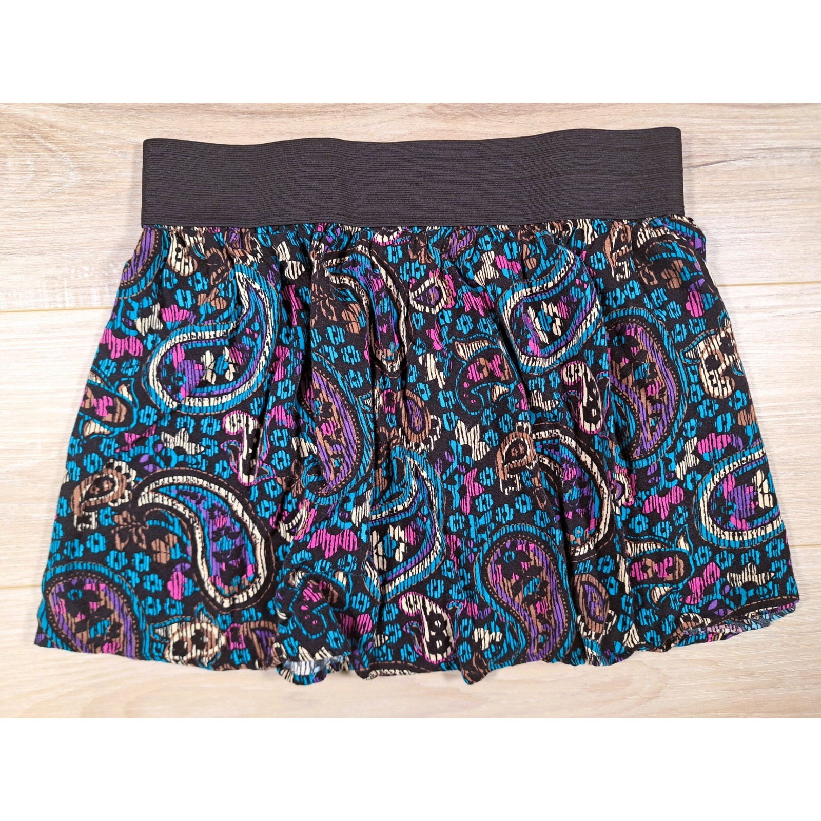 Bongo Y2K Paisley Print Mini Skirt Blue Purple Black Elastic Waist Rayon Large