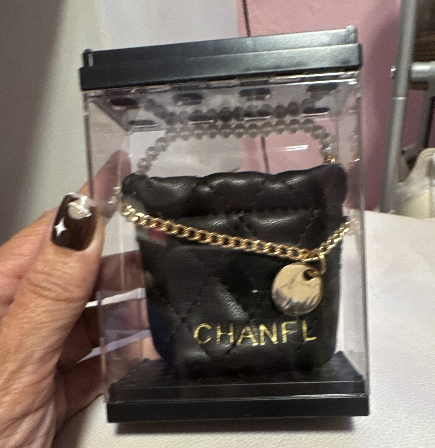 Mini Black Quilted Top Handle Bag Pearl Handle Gold Chain Strap Box