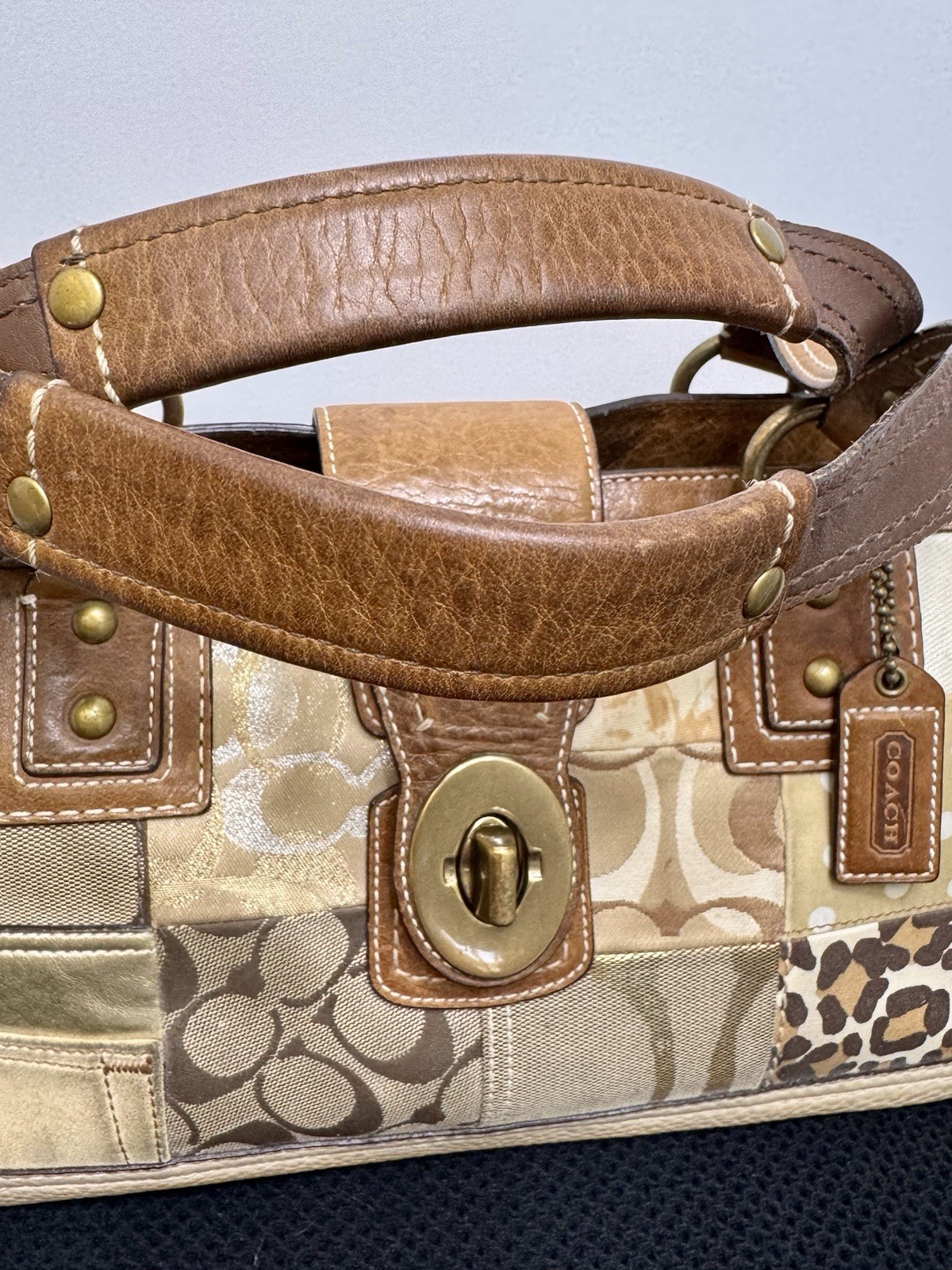 Coach Patchwork Signature C Turnlock Tote Bag Women’s Medium Beige Brown